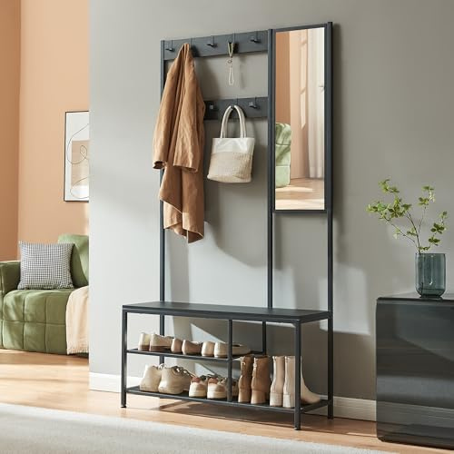 [en.casa] Garderobe Napinerg Flurgarderobe 185 x 98 x 34 cm Garderobenständer mit Spiegel Schuhregal und Sitzbank Kleiderständer Kompaktgarderobe Schwarz