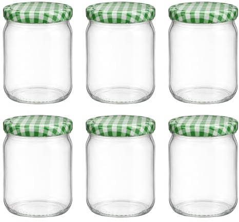 hocz 6x Einmachgläser 500 ml | mit Deckel Grün Kariert TO 82 | leere Gläser mit Schraubdeckel zum befüllen | Sturzgläser, Schraubgläser, Marmeladengläser Set | 6 Stück