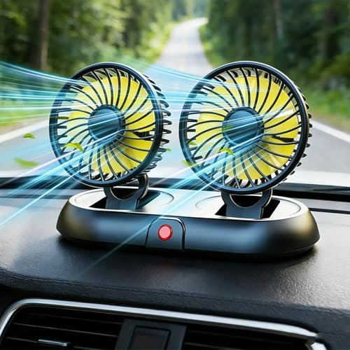 Ventilador de Coche de Doble Cabezal USB 12v 9.6W, 360° Rotación 3 Velocidades Ventilador Portatil Adecuado con Matrícula para Coches, Camiones, SUV, Oficina, PC