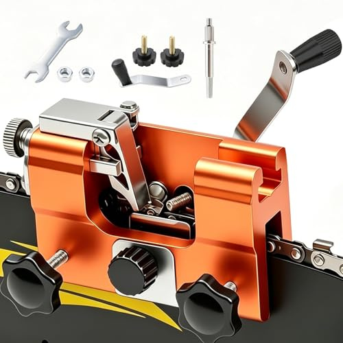 Kettensägenschärfer Manuell mit Handkurbel, Tragbares Kettenschärfgerät mit Winkelführung, Kettenschärfer für Motorsäge Sägekette, Kettenschleifer Set mit Schleifkopf, Griff, Schrauben und Schlüssel