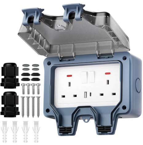 Joinfworld Enchufe exterior impermeable IP66 con puertos de carga USB y tipo C, enchufe eléctrico de pared resistente a la intemperie, 13 A, enchufe exterior de 2 bandas