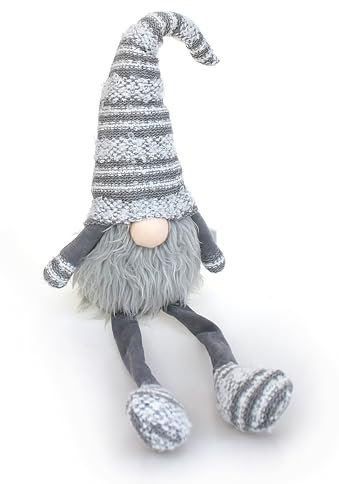TEMPELWELT Kantenhocker Wichtel Zwerg Deko Figur sitzend 60 cm, Textil Strick grau weiß, Gnom Weihnachtswichtel witzige Dekofigur Winter Weihnachten