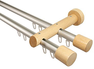 Innenlauf Gardinenstange 2-läufig aus Aluminium und Holz in Buche, 20 mm, Endstück Kappe, 180 cm