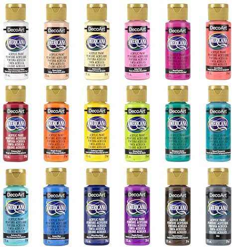 DecoArt Americana - Pintura acrílica, juego de 18 colores, púas populares, botella de 2 fl oz
