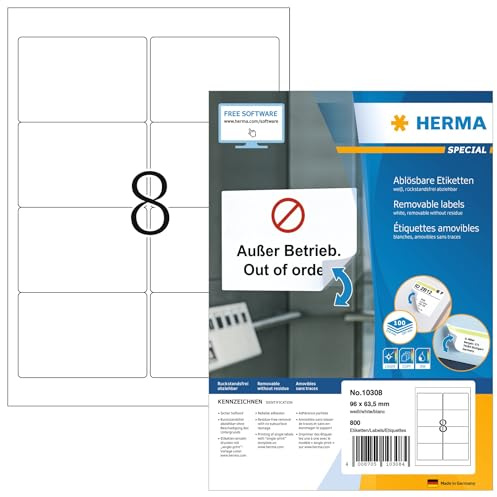 HERMA Self Adhesive Removable Labels, 8 Labels per A4 Sheet, 100 Sheets, 96 x 63.5 mm, 800 Labels, Blank Multipurpose Labels Stickers, Sticky Labels for Laser & Inkjet Printer, White