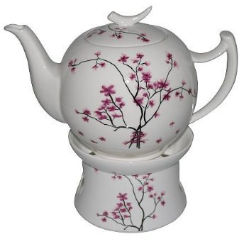 TeaLogic Bone China Teekannen-SET Cherry Blossom, 3er Set, Teekanne, Stövchen und Tasse&Untertasse