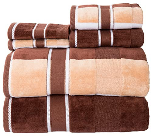 Lavish Home Lot de 6 Serviettes en Coton Absorbant avec Serviettes de Bain, essuie-Mains et débarbouillettes – Serviettes Unies et rayées (Marron)