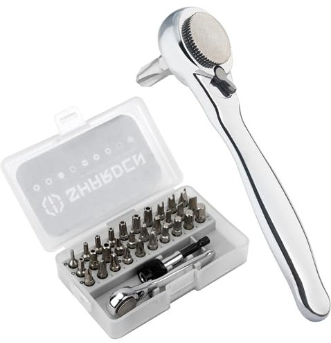 Sharden Ratchet Screwdriver Bit Set, 32 Pcs with Right Angle Offset 1/4 High Torque Driver Handle, Socket Adapter, Extension Bit Holder, S2 Multi Bits for Ratchet Wrench, Screwdriver, Drill