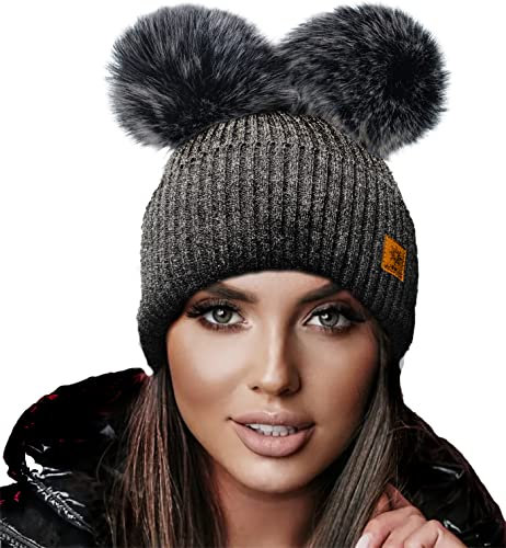 4sold Miki Farbe Damen Wintermütze Wolle Strickmütze Mit Doppelten Pom Pom Cap Ski Snowboard Bobble (Megi Dark Grey)