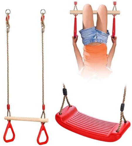The Magic Toy Shop Garden Swing Set with Trapeze Bar & Rope Seat – Durable Swing Accessories for Kids – Outdoor Climbing Frame Attachments – Adjustable Ropes – Red, Ages 3+