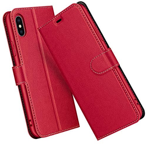 ELESNOW Case for iPhone X/XS, Premium PU Leather Flip Phone Case Cover with Magnetic Closure Compatible with iPhone X/XS (Red)