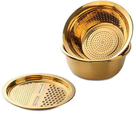 Sansund Multifunktionales Gemüse-Waschschüssel-Set, Sieb mit Schüssel, Edelstahl-Waschbecken, Küchensieb, feinmaschiger Korb für Obst und Gemüse gold