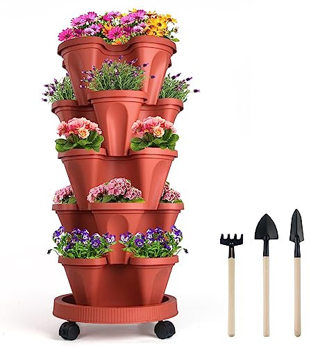 Jardinière empilable à 5 étages avec roues amovibles et outils de jardinage, tour de plantation de jardin, pots de jardinage, jardinière verticale(Rouge)