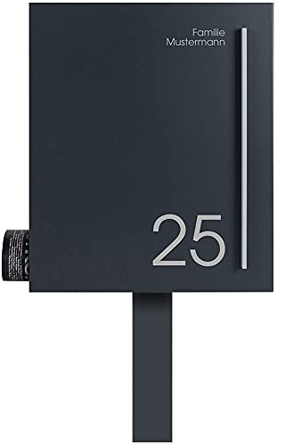 Stand-Briefkasten mit Zeitungsfach anthrazit (RAL 7016) MOCAVI SBox 110Na, Postkasten mit Hausnummer und Name, modern, Pfosten (einbetonieren) freistehend, rostfrei, Din A4