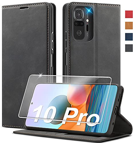 Dushi Hülle Leder für Xiaomi Redmi Note 10 Pro /Pro Max - Flip Case mit Standfunktion, Kartenfächer und Magnetverschluss in Schwarz