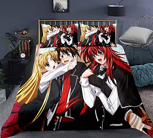 High School DxD Rias Gremory/Tsto Issei Anime Bettwäsche-Sets Cartoon 3D-gedrucktes Polyestergewebe 1 Bettbezug + 2 Kissenbezüge (keine Bettdecke)