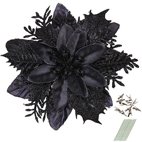 Greentime 12 Stück Glitzer-Weihnachtssterne 5,5 Kunstblumen Weihnachten mit Clips Stielen Weihnachtsbaumschmuck für Hochzeitsfeier Kranzdekoration (Schwarz)