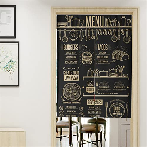 Surwin Rideau de Porte Japonais Long Tapisserie Noren en Lin Fenêtre Rideaux Panneau Tenture Tapisserie Décoration pour Cuisine Chambre Décoration de Maison (90x200cm,Menu Noir)