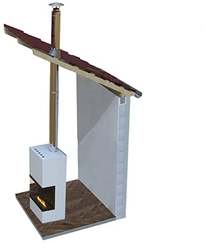 Kit condotto per caminetto interno a metà stanza, ø 130 mm, lunghezza 3 m, inclinazione 5-30°, tetto tutto il materiale (eccetto piastrelle), 25 mm di isolamento, canna fumaria a doppia parete