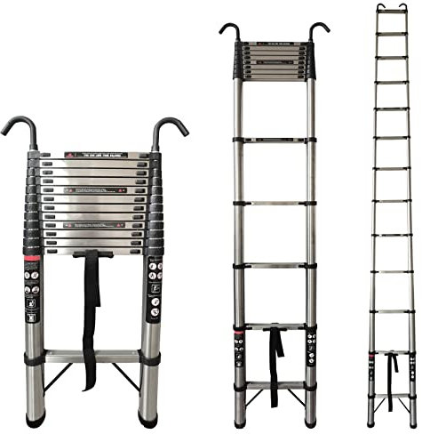 Scala telescopica in acciaio inox con gancio rimovibile, multiuso allungabile, con piedini antiscivolo, 12 pioli, telescopica, portata massima 150 kg (5 m)