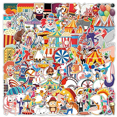 100 Stück Zirkus Aufkleber Pack Bunte Zirkusmuster Sticker Set Wasserdichte Vinyl Sticker für Laptop Kinder Autos Motorrad Fahrrad Skateboard Gepäck Koffer Computer Aufkleber Graffiti Decal