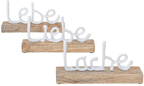 3er Set Schriftzug Lache Liebe Lebe L22cm Metall Weiß Mango Holz Deko Aufsteller Tischdeko Wohndekoration