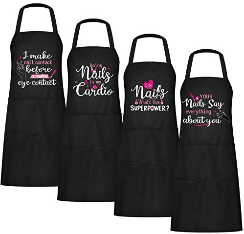 Mepase 4 Pieces Nail Tech Aprons with Pockets Funny Quotes Apron for Nail Technician Manicurists Nail Art Supplies for Nail Salons Cosmetology Smock, Black, 4 Count (Pack of 1)