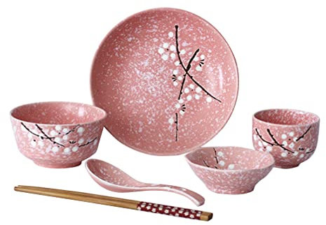 Vajilla de cerámica para el hogar, decoración de Navidad, juego de vajilla de cerámica de 6 piezas, juego de vajilla de cerámica para el hogar, restaurante (rosa) platos florales