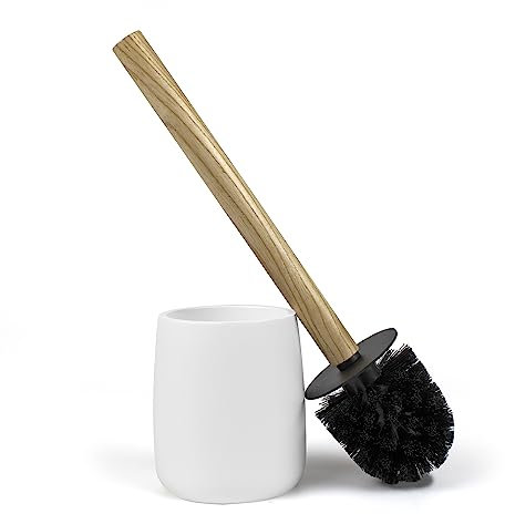 Nadi Collection | Escobilla de baño-WC-Inodoro | Forest | Resina y Madera bambú | Cepillo Negro Desmontable | 10.5 cm ø x 36 cm Alto (Blanco Mate)
