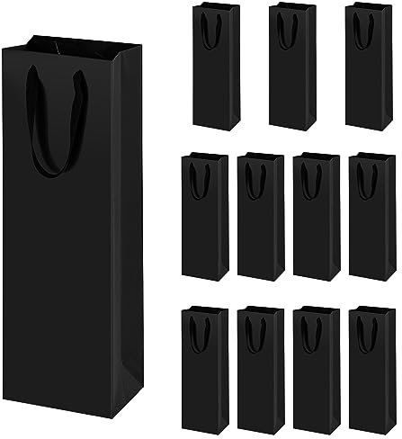 12 Pcs Wine Gift Bags Single Bottle, TACHIO Wine bottle gift bags, Sturdy Reusable Kraft Paper Wine Tote Bag with Handles for Birthdays, Anniversaries, Party, Christmas, Shopping, Black - 11x9x35cm