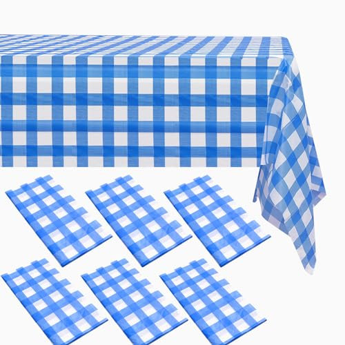 ZeriTlolen Lot de 6 nappes Bleues à Carreaux Vichy Bleu | 137,2 x 274,3 cm | Nappe de Table en Plastique Blanc | Vêtements de Table de fête pour fêtes, Barbecue, Pique-Nique, Anniversaire, Mariage