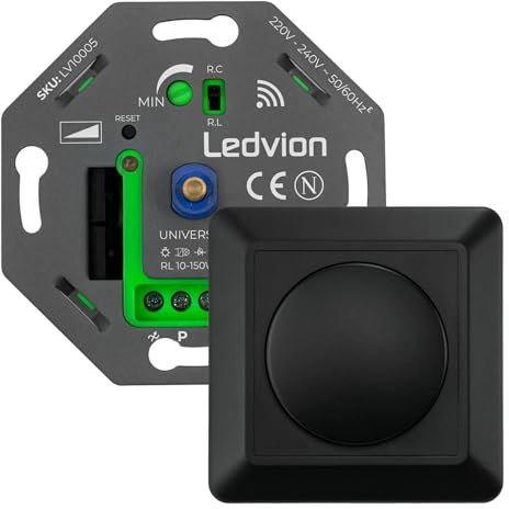 Ledvion - Smart WIFI LED Dimmer 5-250 Watt, Inkl. Schwarze Abdeckplatte, Universell, Einbaudimmer, Phasenabschnitt