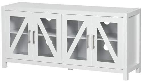 HOMCOM Mueble TV de Salón Mesa para Televisor de hasta 58 con 4 Orificios para Cables 4 Puertas de Vidrio Templado y Estantes Ajustables 130x35x60 cm Blanco