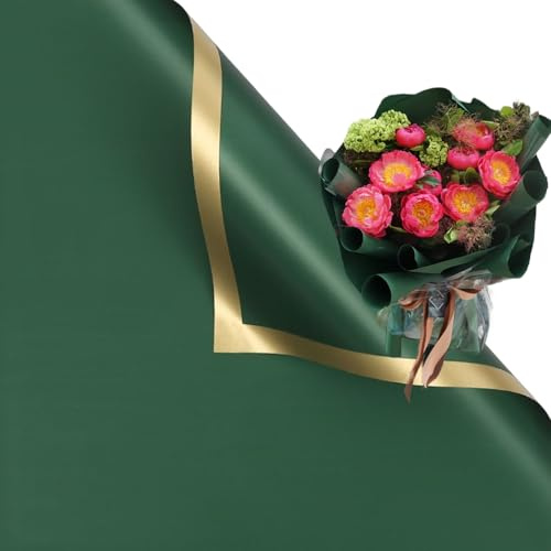 Corkwaw 20 Pcs Gold Edge Green Flower Wrapping Paper,Waterproof Valentine's Day Bouquet Wrapping Paper 23x23Inch Used for DIY Crafts,Gift Packaging,Flower Shop Bouquet Packaging