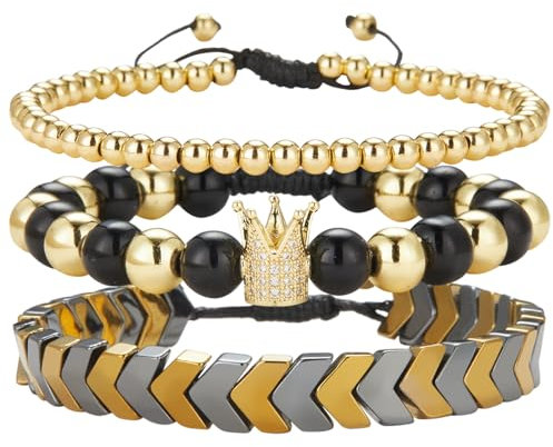 Dazylleco Set di 3 Bracciale da Uomo Bracciale Pietre Naturali Bracciale a Catena Cubano Bracciale in Corda Regolabile Regali di Gioielli Fatti a Mano per Uomo(24009)