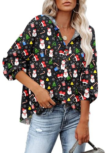 PLOKNRD Kapuzenpullover Damen Langarm Knöpfen Pullover mit Kordelzug Freizeit V-Ausschnitt Hooded Henley Sweatshirt Klassisch(Weihnachts Elemente, M)