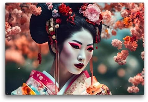 CALVENDO Premium Textil-Leinwand 75 x 50 cm Querformat Geisha mit buntem Gewand | Wandbild, HD-Bild auf Keilrahmen, Wanddekoration, Kunstdruck von Babett Paul