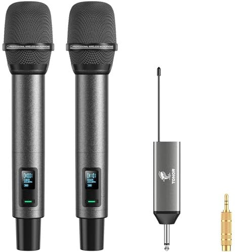 TONOR Mikrofon Kabellos, Wiederaufladbares Funkmikrofon Set, Metall, UHF, 2x20 Einstellbare Wireless Microphone für Kirche, Party, Hochzei, Hochzeit mit Einstellbarer Lautstärke, 80m, TW520