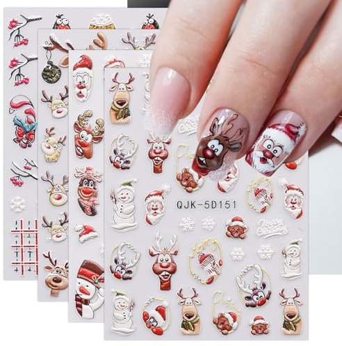 JMEOWIO 3D Embossed Christmas Nail Art Stickers Decals Self-Adhesive 5D Snowflake Xmas Winter Holiday Cute Nail Supplies Nail Art Design Decoration Accessories 4 Sheets