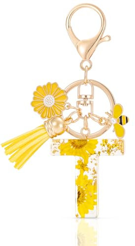 MWOOT Letter Keychains Initiale Lettre Porte Clef Lettre T,Alphabet Initial Keyring avec Pampille Pendentif,Jaune Pétales Feuille D'or Key Ring pour Femmes Filles Portefeuilles Sac à Main Charme(T)