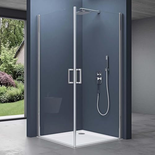 doporro Eck-Duschkabine Eckdusche 90x90x195cm Duschabtrennung ESG-Sicherheitsglas Klarglas inkl. beidseitiger Easy-Clean-Beschichtung Hebe- und Senkmechanismus Ravenna24K