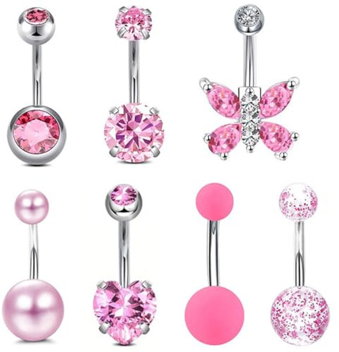 KOLZEMV Lot de 7 bagues de Nombril en Acier Inoxydable sertie de Baguettes de Nombril 14 Gauge 10mm Barre, percing au nombril, piercing nombril acier chirurgical, piercing nombril
