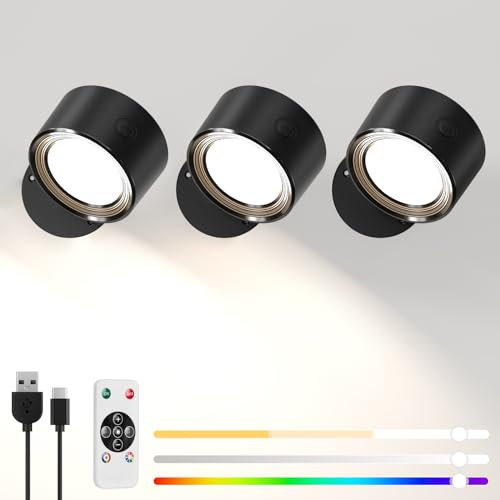 LED Wall Reading Lights with Remote, 3 Pcs Rechargeable RGB Wall Mounted Reading Sconces Lamp 3000mAh, 3 Colors & Dimmable Magnetic 360° Rotation Wall Lighting Spotlights for Bedroom Bedside