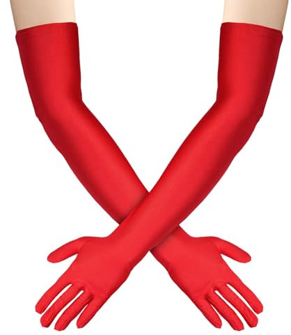 Rote Handschuhe Lang, 1 Paar Lange Handschuhe Damen, Satin Long Gloves, Classic Abendhandschuhe 20er Jahre Elegant Damen für Halloween Karneval Fasching Fest Party Kostüm