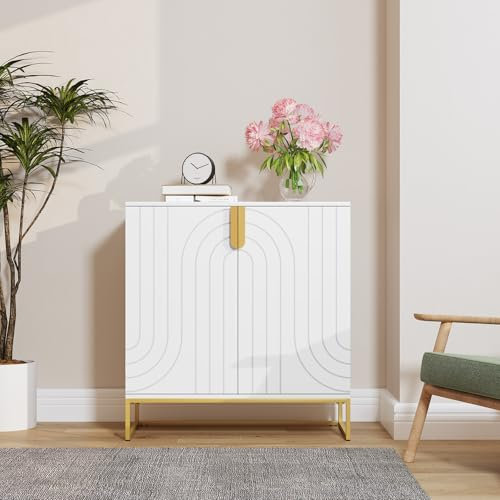 MROJISC Sideboard, Küchenschrank, Buffetschrank, Aufbewahrungsschrank, mit 2 Türen, Verstellbare Ablagen, für Wohnzimmer, Küche, Esszimmer(Weiß)
