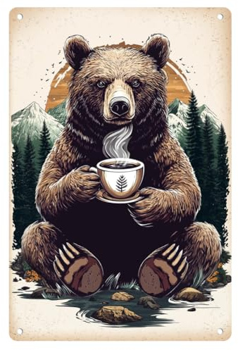 DOODLREAM Kaffee trinkender Bär Blechschild, Retro Metall-Wanddekoration | 30 x 20 cm Retro Metall-Blechschild mit Kaffee-Bär, wasserfestes Wanddekor für Zimmer, Küche und Wohnbereich
