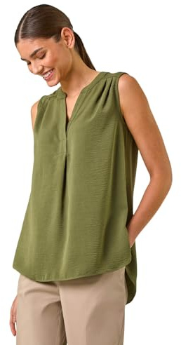 Roman Originals Women Pleated Vest Tank Top Ladies Sleeveless Blouse Shirt Tunic Summer Autumn Holiday V-Neck Work Office Cocktail Party Special Occassion Going Out - Khaki - Size 16