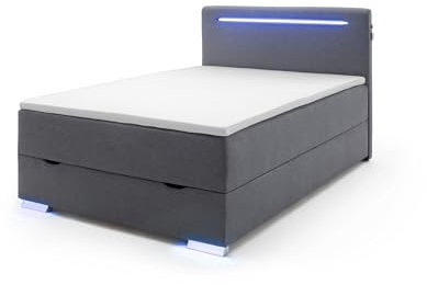 Boxspringbett >LAS VEGAS II< Liegefläche 120x200cm, Anthrazit, LED-Kopfteil, Bettkästen, Bonnell-Federkernmatratze & Topper ? kompaktes Komfortbett für Jugendzimmer, Stellmaß: 122x110x209cm (BxHxT).