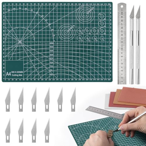 A4 Double-Sided Cutting Mat with Ruler Set, Self Healing Craft Mat 3mm Thick, Craft Cutting Mat Non Slip PVC with Grid Lines, Craft Cutting Board for DIY Art Work Sewing Cutting