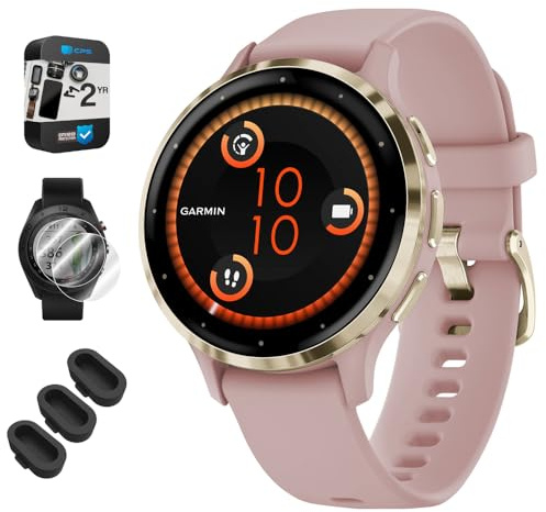 Garmin Venu 010-02785-03 Venu 3S Health Fitness GPS Smartwatch Lunette en acier doré avec coque anti-poussière de 41 mm, lot de 3, 2 protecteurs d'écran et 2 YR CPS
